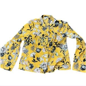 Love, Fire Yellow Floral Bell Sleeve Button Down Blouse Size XS